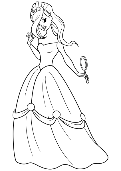 Beautiful Princess with Mirror in Her Hand coloring page image