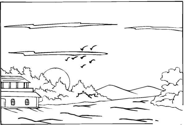 Beautiful Summer House In The Sunset  coloring page image