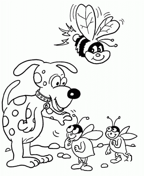 Bees and Dog coloring page image