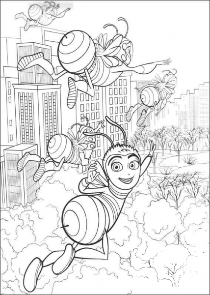 Bees Flying Over The City coloring page image