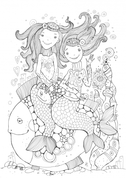 Two Mermaids coloring page image