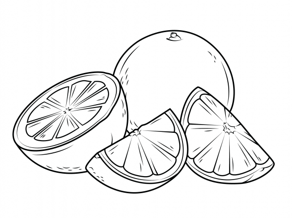 Two oranges, one whole and the other cut it pieces coloring page image