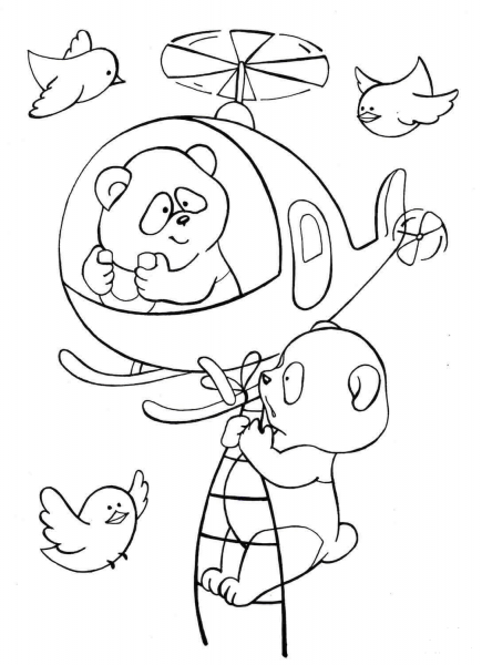Two Pandas Fly a Helicopter with Birds in the Sky coloring page image