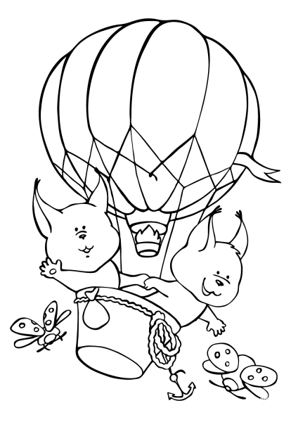 Two Squirrels Fly An Aerostat Balloon coloring page image