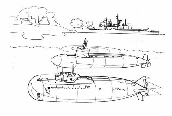 Two Submarines and Warship coloring page image