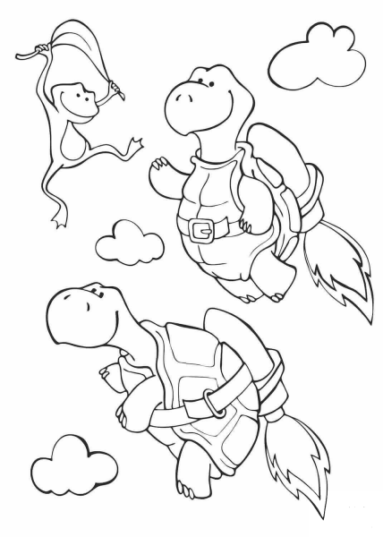 Two Turtles Went to a Sky by Launching Their Rockets While a Little Frog was Gone with Wind on the Leaf coloring page image