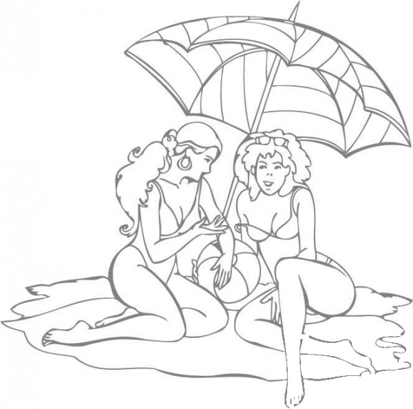 Two Women at the Beach Under an Umbrella coloring page image