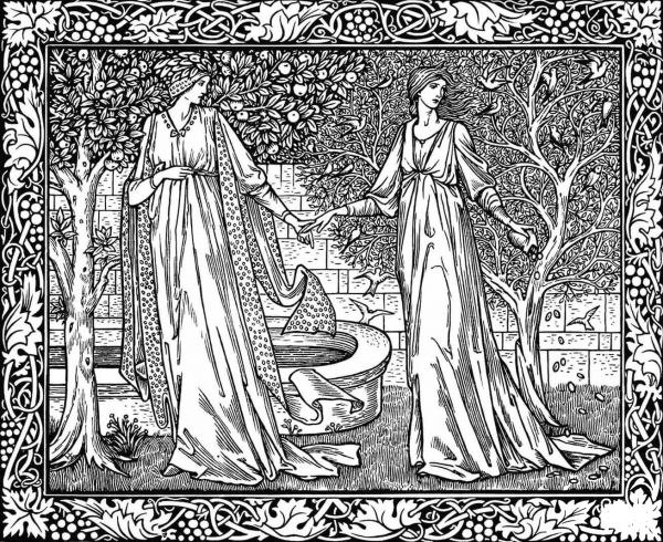 Two Women Stand Holding Hands in a Grassy Garden coloring page image