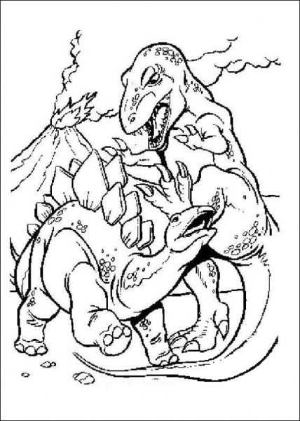 Tyrannosaur and Stegosaurus are Fighting  coloring page image
