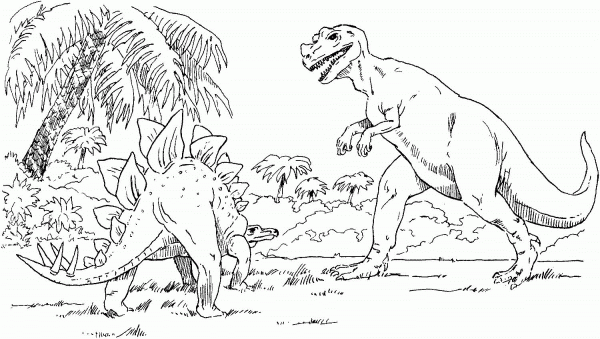 Tyrannosaurus and Stegosaurus coloring page image