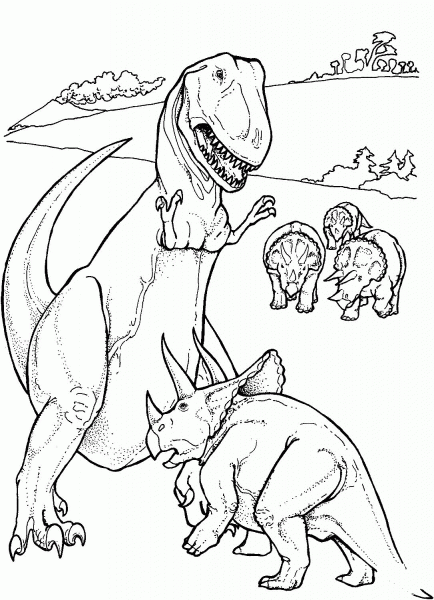 Tyrannosaurus and Triceratops coloring page image