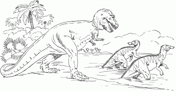 Tyrannosaurus chasing Trachodons coloring page image