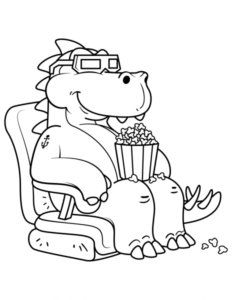Tyrannosaurus Eating the Popcorn in the Cinema coloring page image