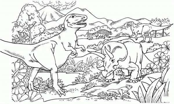 Tyrannosaurus Rex, Ankylosaurus, Leptoceratops, Edmontosaurus and Triceratops coloring page image