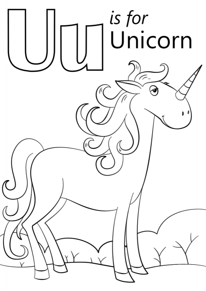 U is for Unicorn coloring page image