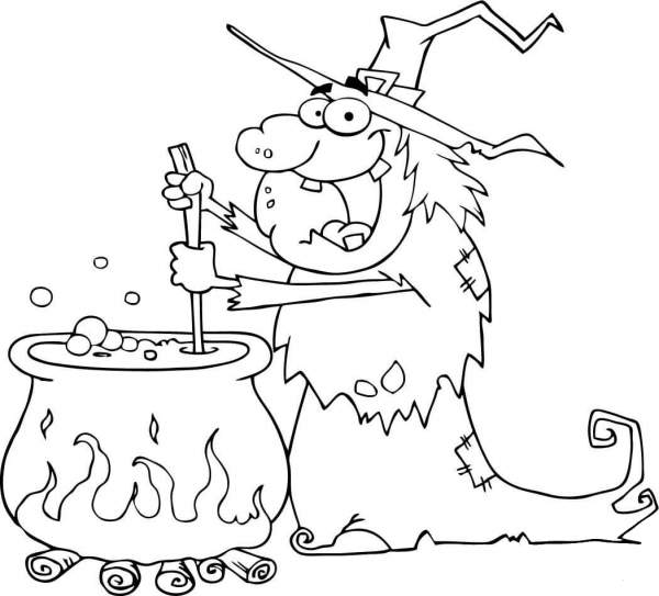 Ugly Halloween Witch Preparing a Potion coloring page image