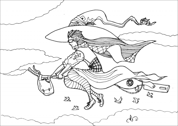 Urban Witch Flying on Broom coloring page image