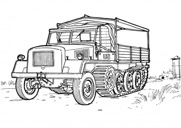 US Military Half-track coloring page image