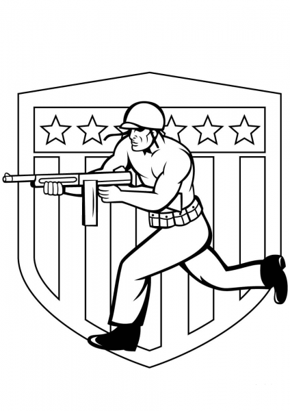 US Soldier Running with Tommy Gun coloring page image