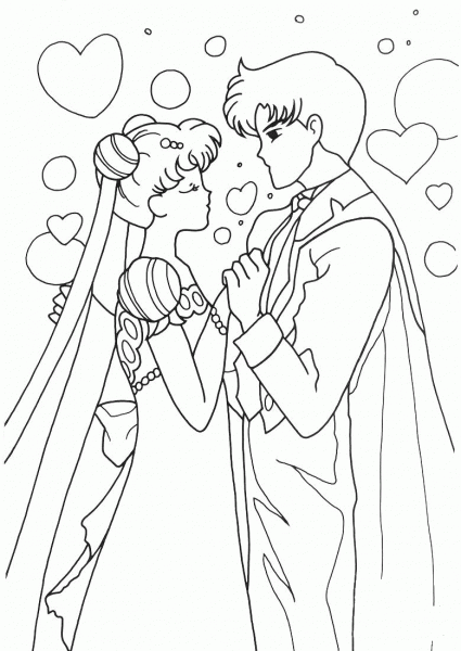 Usagi & Mamoru in love coloring page image