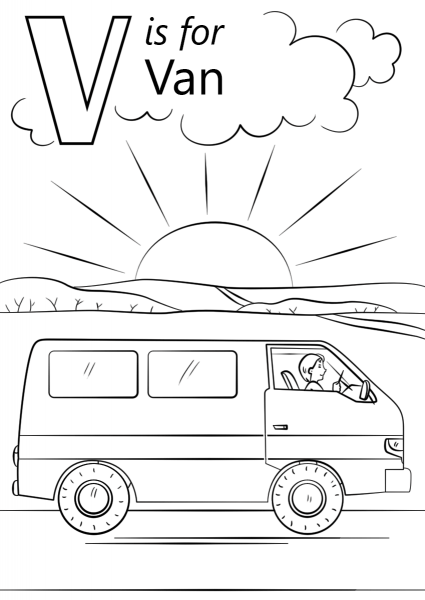 V is for Van coloring page image