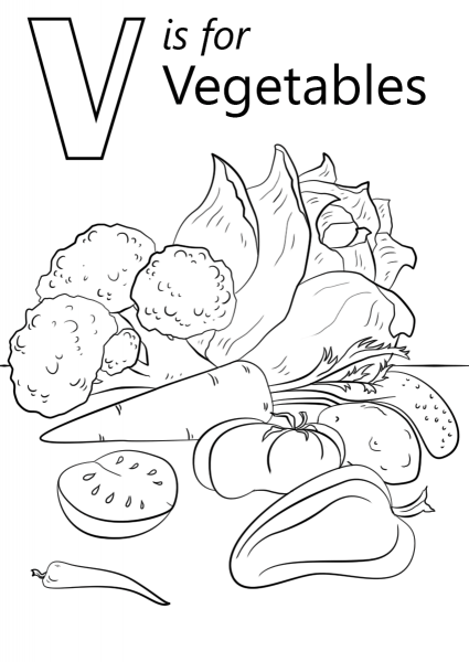 V is for Vegetables coloring page image