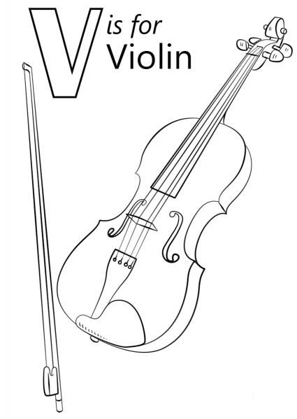 V is for Violin coloring page image