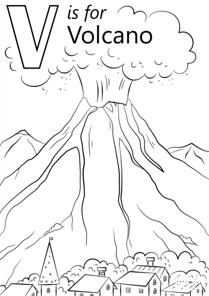 V is for Volcano coloring page image