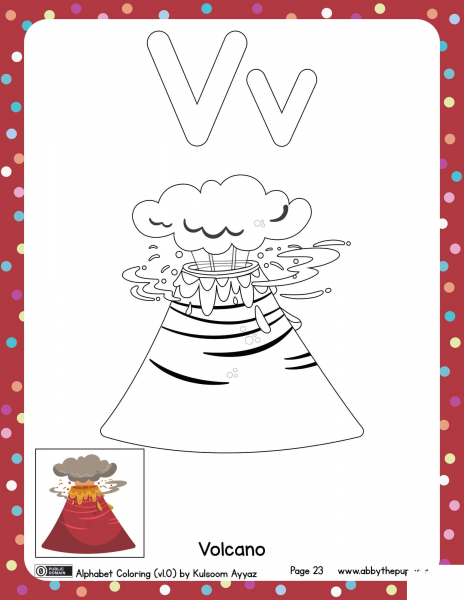 V is for Volcano coloring page image
