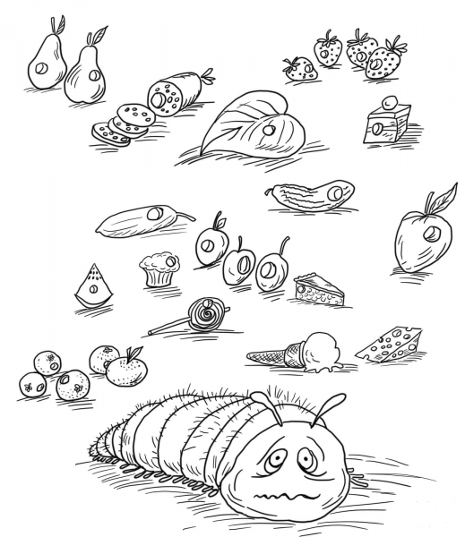 Very Hungry Caterpillar with Fruits and Foods coloring page image
