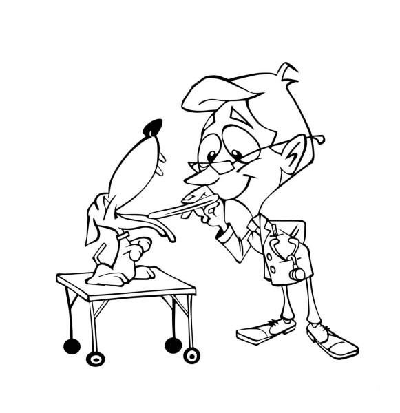 Veterinarian Checking a Dog’s Tongue coloring page image