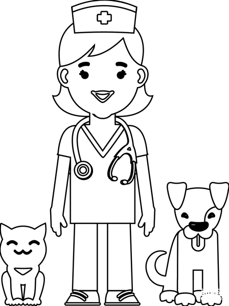 Veterinarian with Dog and Cat coloring page image