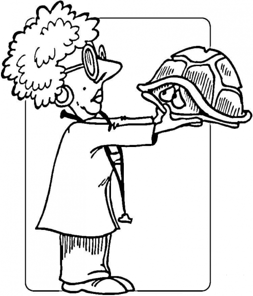 Veterinary physician and a shy turtle   coloring page image