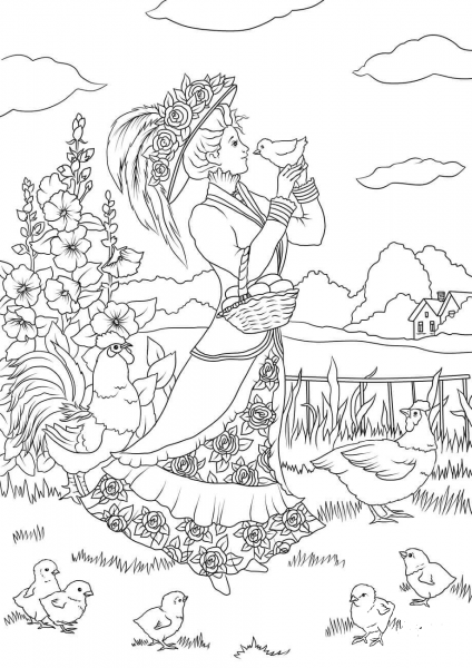 Victorian Lady and a Chicken in the Countryside coloring page image