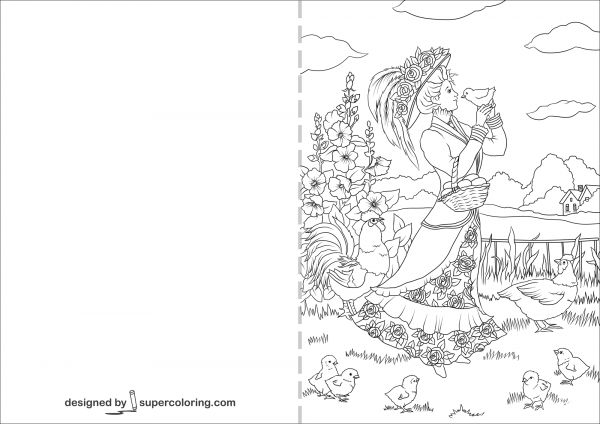Victorian Lady and a Chicken in the Countryside Vintage Easter Card coloring page image