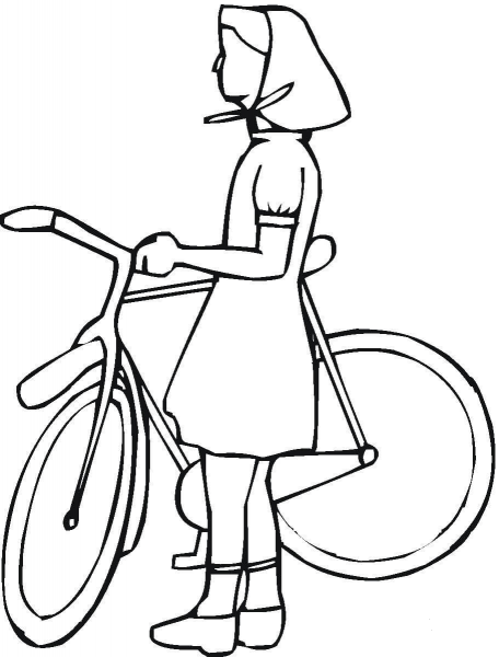 Village Girl With Bicycle  coloring page image