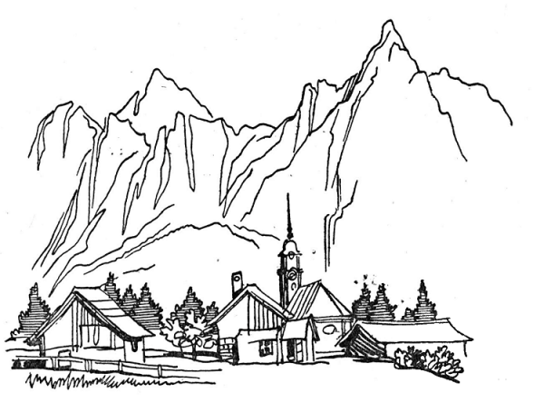 Village In The Mountains  coloring page image