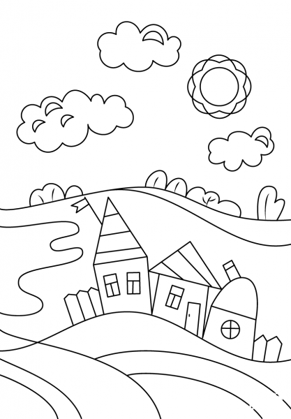 Village Scene coloring page image