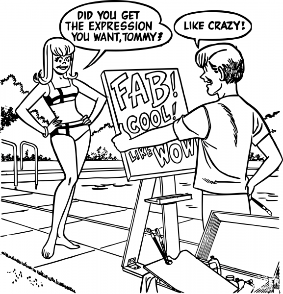 Vintage Artist and Model by the Pool coloring page image