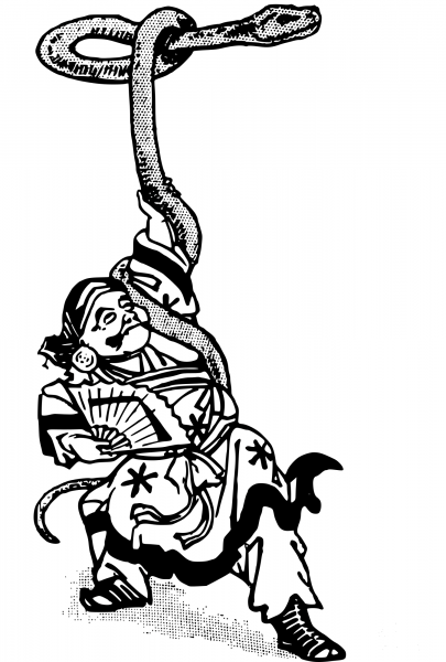 Vintage Asian Man and Snake coloring page image