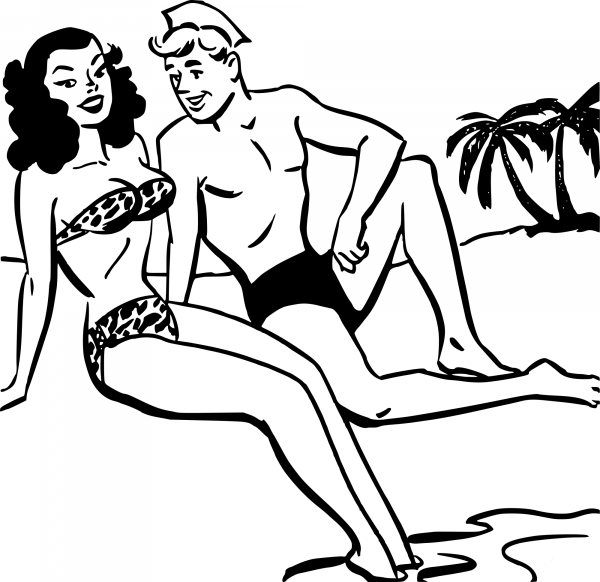Vintage Beach Couple coloring page image