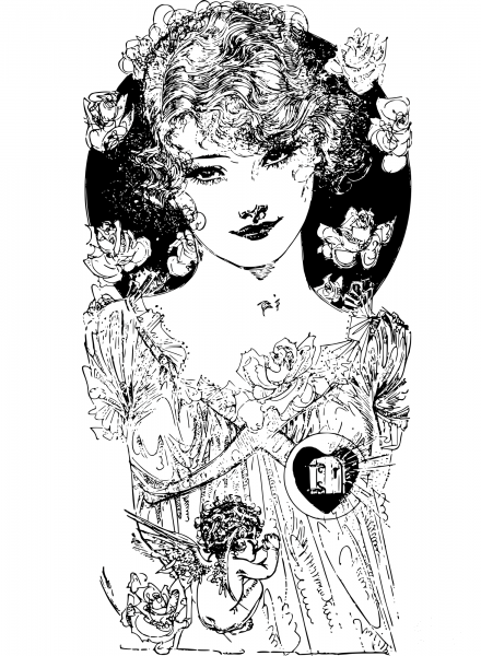 Vintage Beautiful Heart Lady coloring page image
