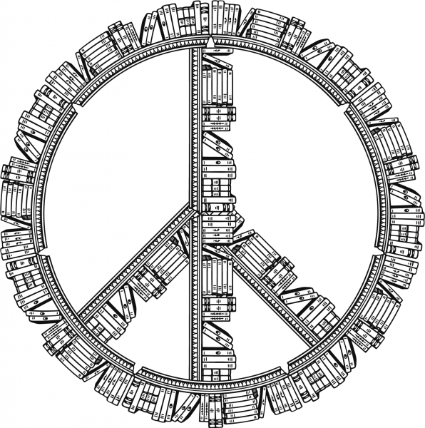 Vintage Bookshelf Peace Sign coloring page image