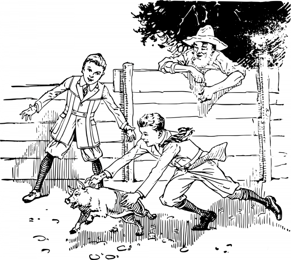 Vintage Boy and a Pig coloring page image