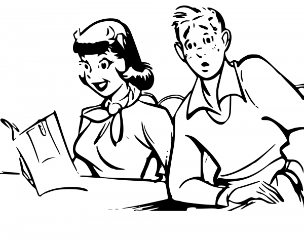 Vintage Boy and Girl Studying Menu coloring page image