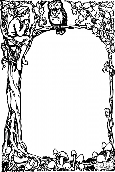 Vintage Boy in a Tree and An Owl coloring page image