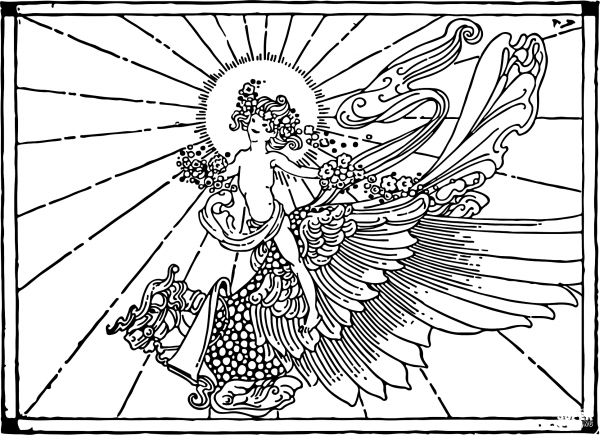 Vintage Boy on a Winged Horse coloring page image