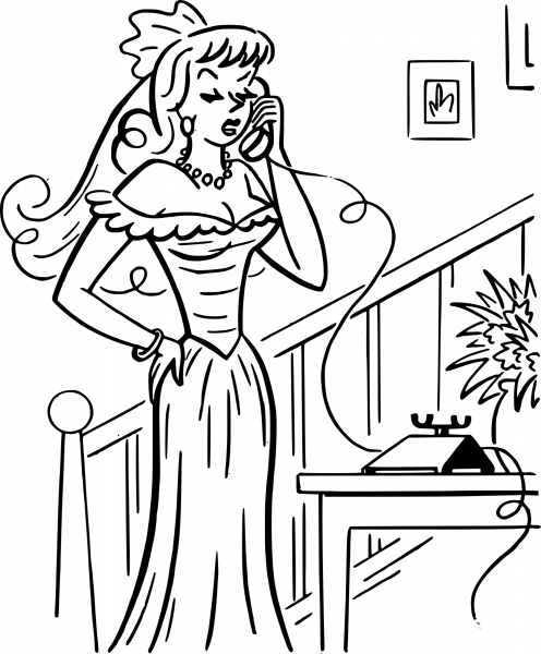 Vintage Bride on the Phone coloring page image