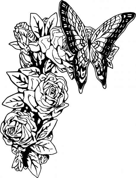 Vintage Butterfly and Roses coloring page image