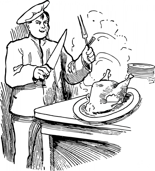 Vintage Chef and Turkey coloring page image
